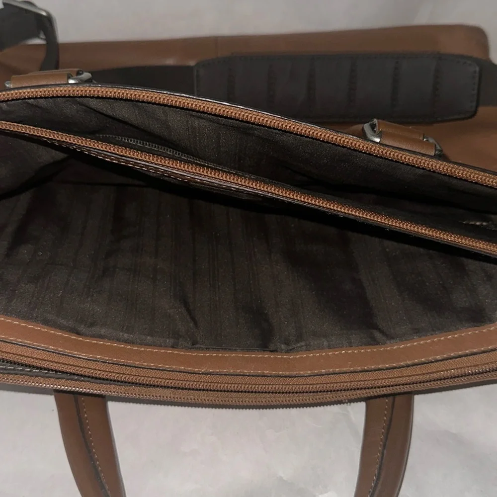 TUMI; Brown Leather Expandable Laptop Bag.